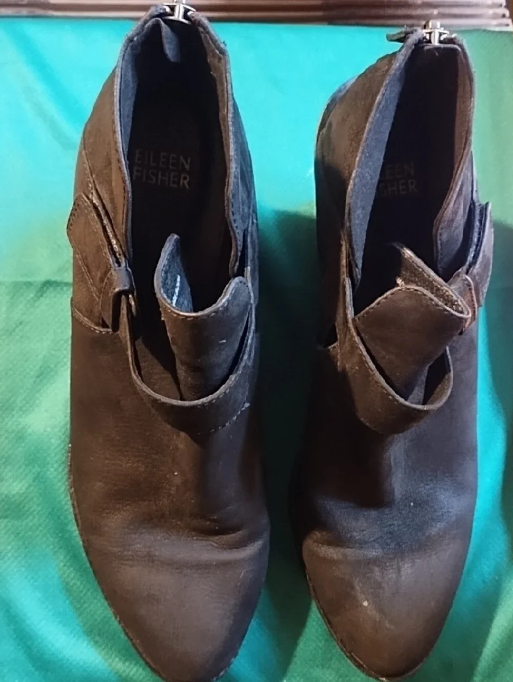 Eileen Fisher Black Suede Ankle Booties with Side Strap Good Condition Size 9.